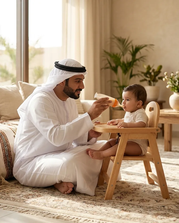 أب يطعم رضيعه بملعقة الإطعام السيليكون في البيت