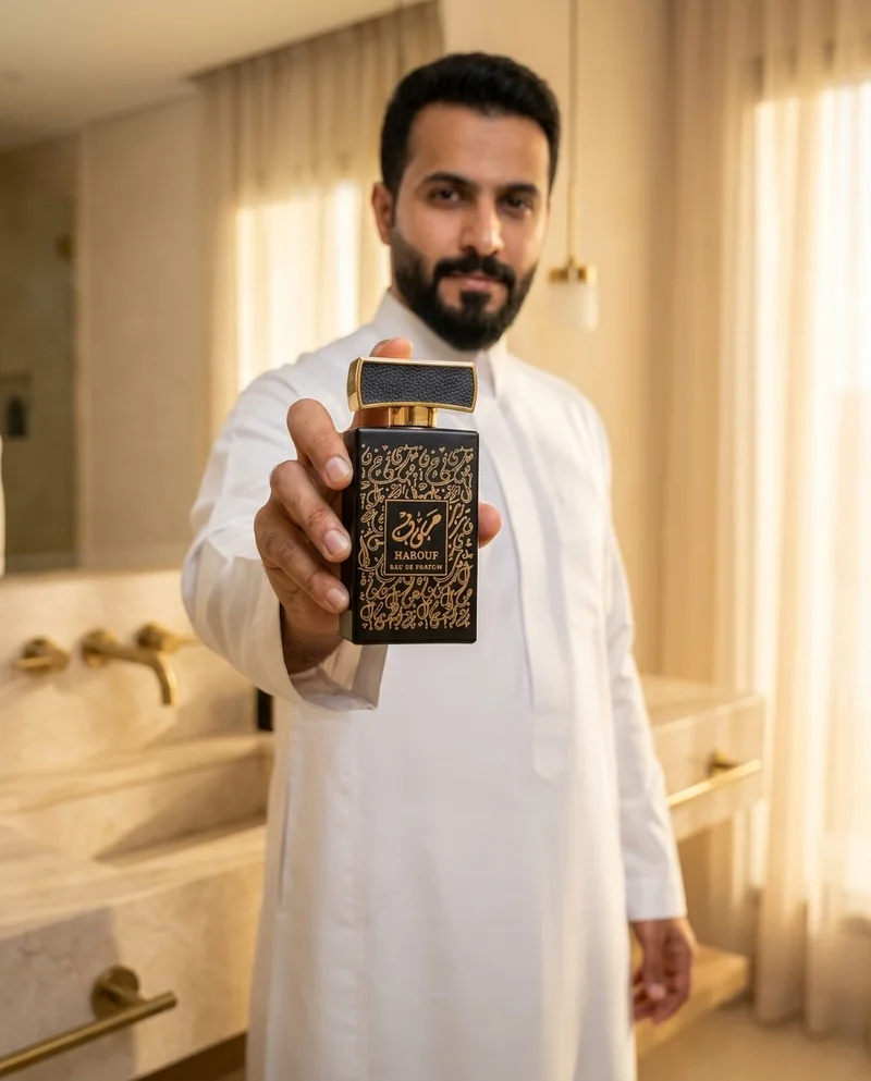 زجاجة عطر أسود فخم بنقش الخط العربي الذهبي