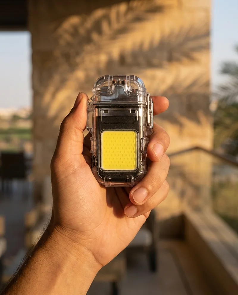 ولاعة آركية شفافة بشحن USB وإضاءة COB صفراء