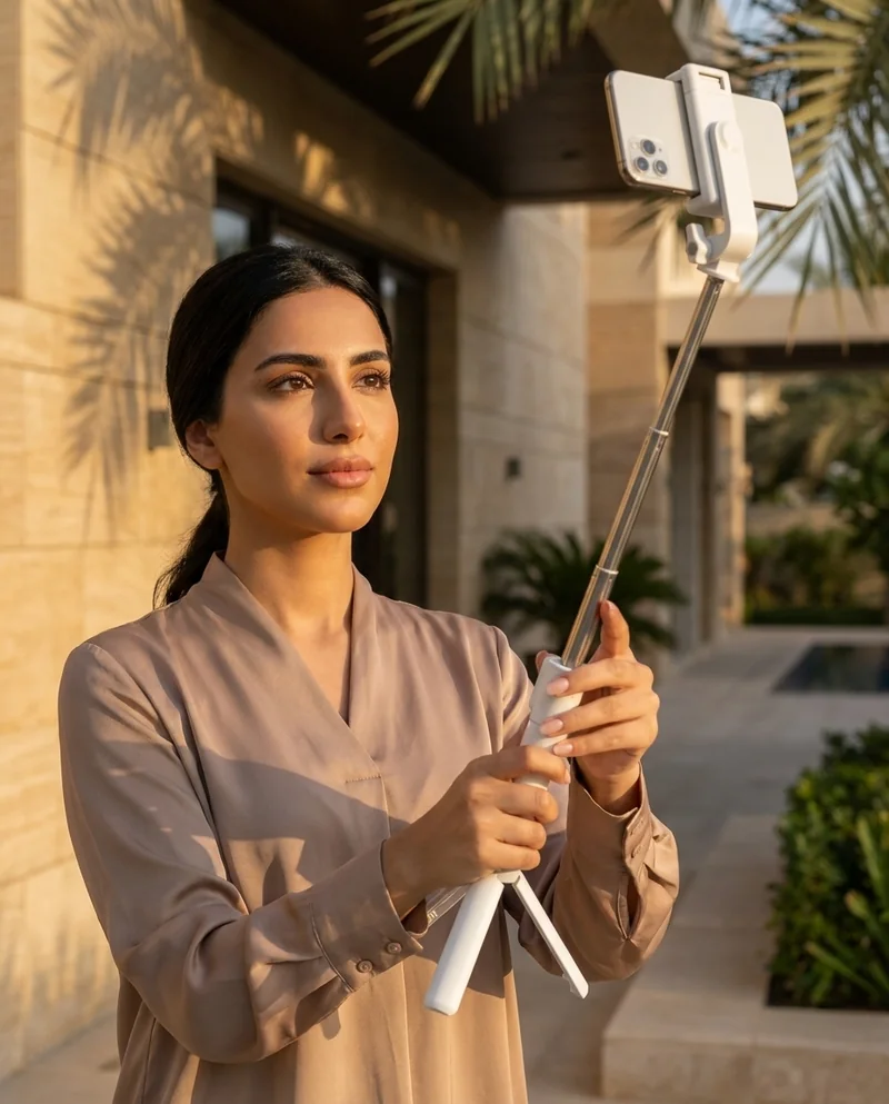 عصا سيلفي بيضاء بحامل ثلاثي قابل للطي وبلوتوث